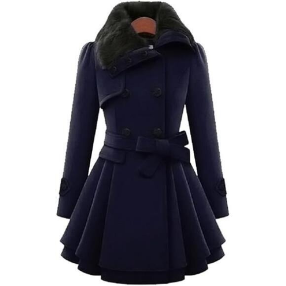 Jackets & Blazers - Women's Double Breasted Faux Fur Jacket Navy Blue